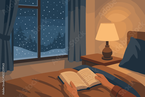 Cozy evening by the window with a book and snow falling outside during wintertime