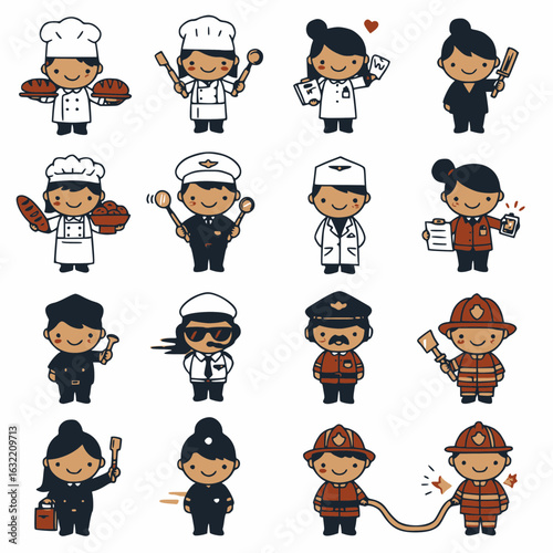 A collection of cute cartoon icons representing various professions, including a baker, doctor, pilot, police officer, and firefighter.