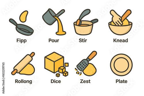 Cooking techniques illustrated with icons showing different methods of food preparation and cooking processes