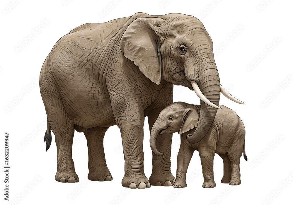 Obraz premium Detailed illustration of an adult elephant and a baby elephant, isolated on white or transparent background. PNG, for wildlife, nature, and family themes