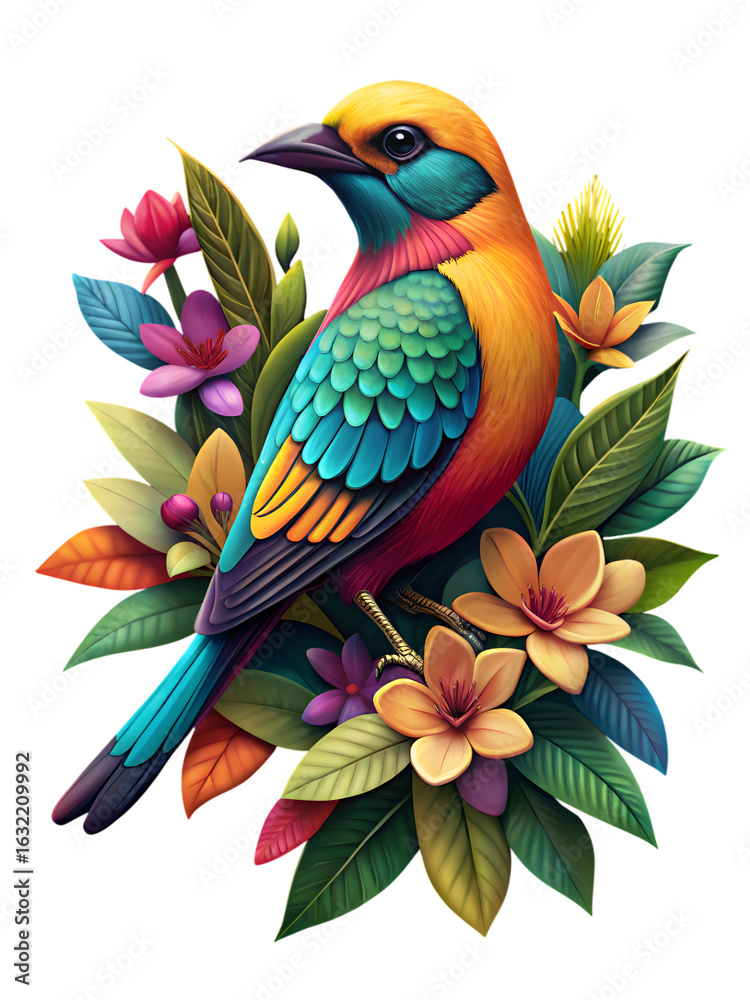 Obraz premium Colorful Tropical Bird with Blossoms Vibrant Digital Art Illustration.