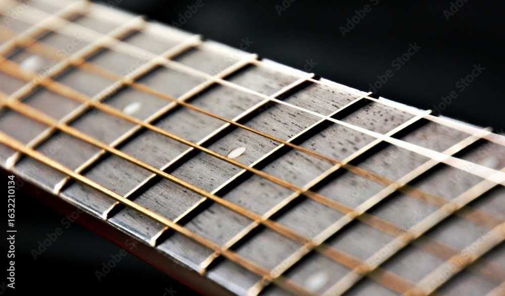 Fototapeta premium Black guitar with strings from close up