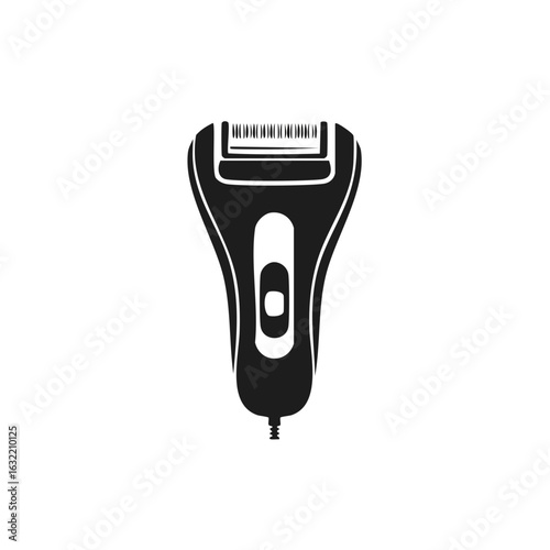 Black and white vector icon of an epilator, a device for hair removal, featuring precision trimming blades and an ergonomic handle for comfortable use.