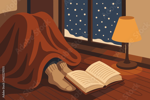Cozy indoor reading by the window during a winter night with snowflakes falling outside