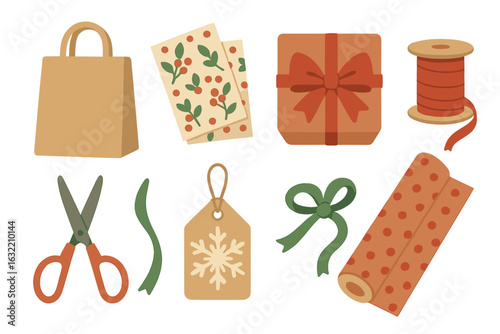 Festive wrapping supplies for gift preparation during holiday season