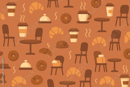 Pattern of coffee cups, pastries, and furniture in a cozy cafe setting with warm colors and inviting design elements