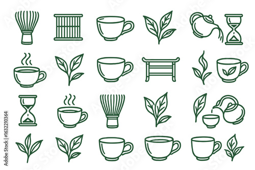 Unique collection of tea and beverage icons featuring cups, leaves, and accessories in a minimalist design