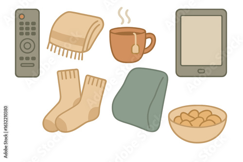 Cozy indoor relaxation with snacks, a warm drink, and entertainment in the autumn season