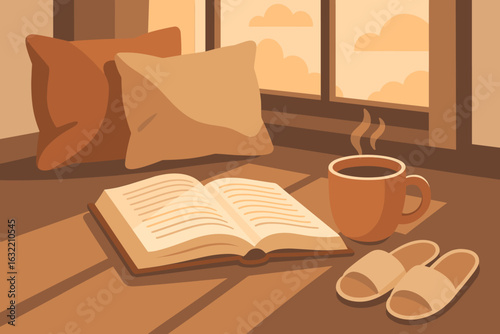 Cozy reading nook with warm blanket, coffee, and a good book near the window at sunset