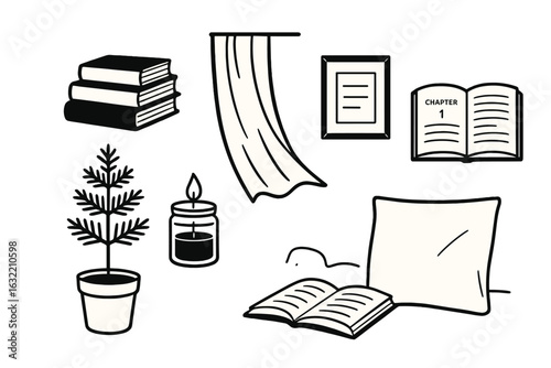 Cozy reading nook with books, a candle, and comforting decor for a peaceful atmosphere