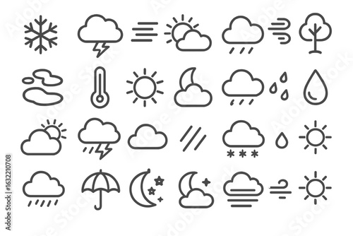 Collection of weather icons representing various atmospheric conditions and phenomena in minimalist style