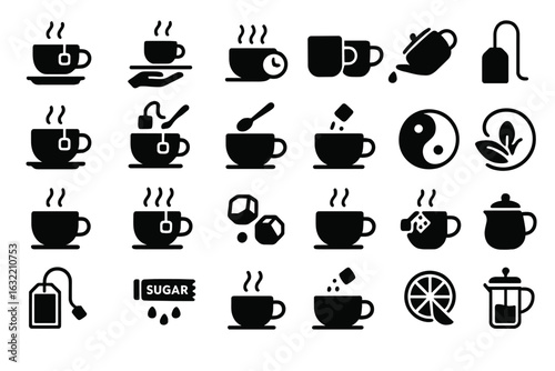 Various tea and coffee icons showcasing preparation and enjoyment in a minimalist style
