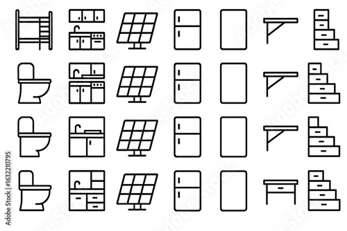 Various household furniture and appliance icons including kitchen and bathroom items in a simple design format