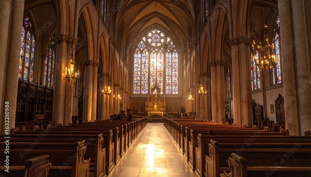 Fototapeta premium Grand Interior Of A Historic Church With Stained Glass Windows And Warm Light