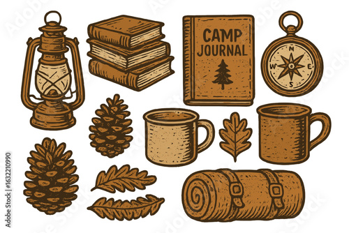 Camping accessories and elements including lantern, journal, and compass in rustic style illustration