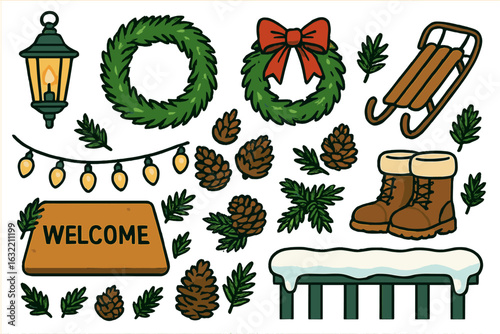 Winter-themed decorations and items showcase cozy holiday spirit outdoors