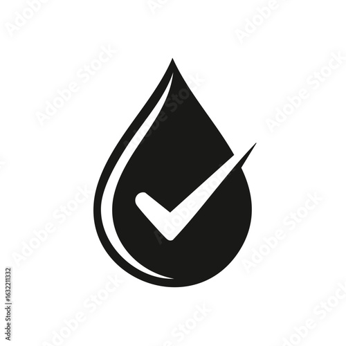 Black Drop with White Checkmark Symbol, Graphic Element, Isolated on White