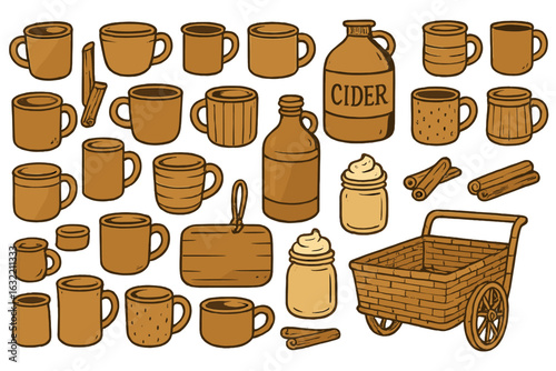 Collection of handmade mugs and cider bottles displayed on a white background for autumn-themed crafts and decorations