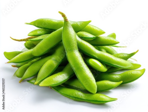 Pile of fresh green edamame pods isolated on white background