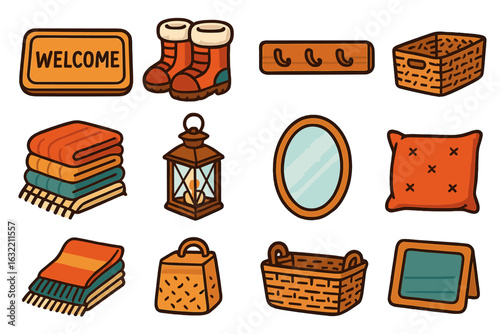 Decorative home accessories for a cozy entryway featuring footwear and storage solutions