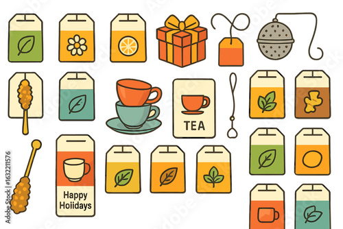 Collection of colorful tea bags and accessories displayed with holiday cheer and diverse flavors in a festive arrangement