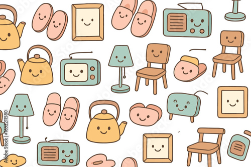 Charming collection of cute household items and furniture featuring smiling faces on various decorative elements