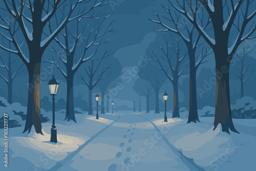 Winter evening stroll in a peaceful snowy park with lampposts illuminating the path
