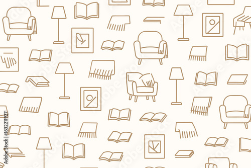 Pattern featuring cozy home decor elements with books and furniture in neutral colors across a textured background