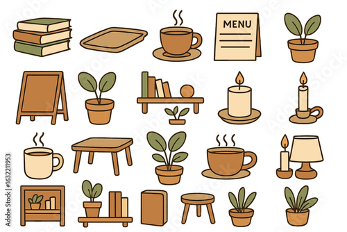 Warm and cozy elements of a cafe atmosphere with plants, books, and beverages perfect for relaxation or study