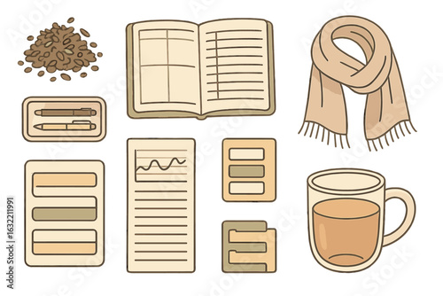 Cozy coffee break with notes and warm scarf on a chilly day in a relaxed workspace setting