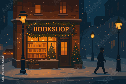 Cozy bookshop illuminated by warm lights on a snowy evening during the holiday season in a charming town