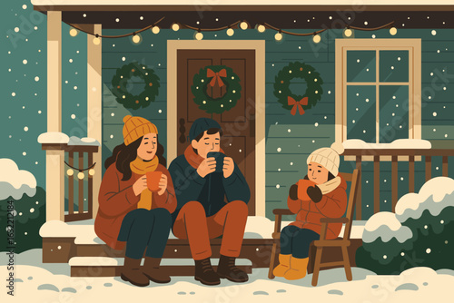 Family enjoys warm drinks on a snowy winter evening in front of a decorated house