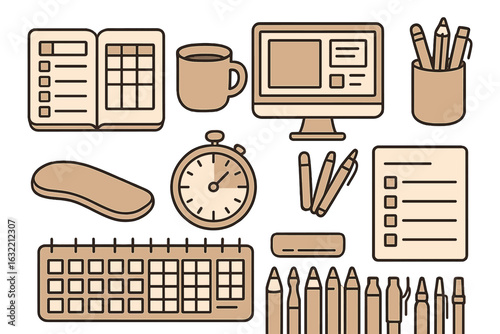 Workspace essentials featuring tools for productivity and organization in a minimalist design