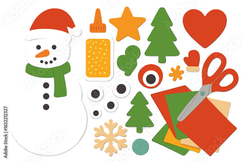 Holiday craft supplies for creating a festive snowman and decorations at home during winter festivities