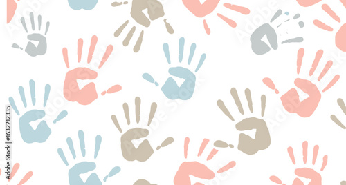 Colorful handprint pattern on white background, vibrant children art texture, multicolor palms abstract design, playful creative backdrop for education, crafts