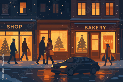 Winter evening in a cozy town with holiday lights and bustling streets filled with shoppers