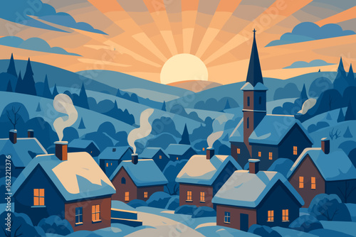 Winter sunset over a snowy village with steeple and smoke rising from chimneys in the countryside