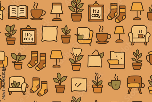 Cozy home interior design pattern featuring plants, furniture, and warm colors for a relaxed atmosphere