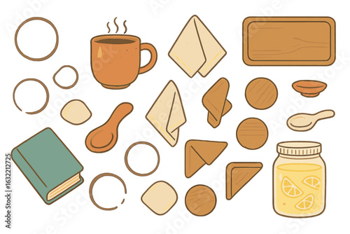 Cozy collection of kitchen items including a warm drink, snacks, and utensils set on a wooden table for a relaxing afternoon