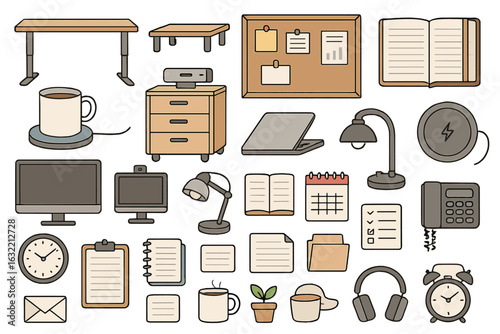 Creative workspace elements arranged in a neat and organized manner featuring furniture, stationery, and electronic devices