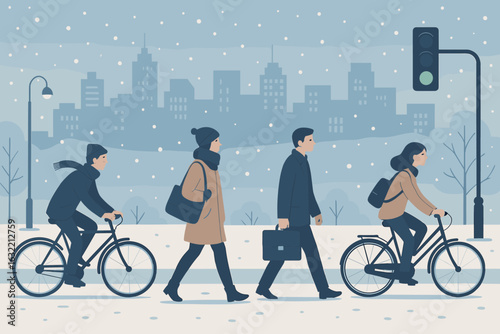 Winter urban commute features cyclists and pedestrians navigating snowy streets in a city landscape