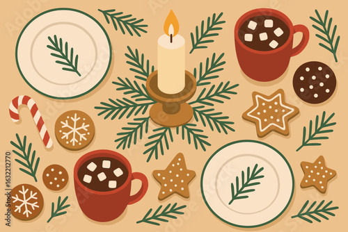 Cozy hot chocolate and cookies on a festive table with candles and greenery during the winter holiday season