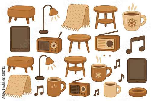 Cozy living room items including blankets, lamps, and mugs create a warm atmosphere at home