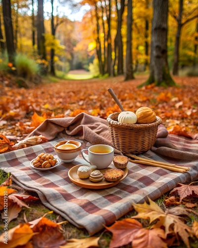 Photo of cozy autumn picnic spread on a plaid blanket in a forest clearing, surrounded by fallen leaves, with tea, cookies, and fruit in a basket