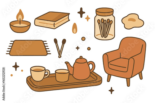 Cozy living room setup with tea, a book, and warm lighting for a relaxing evening at home