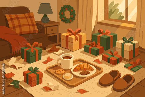 Cozy winter morning scene with gifts, snacks, and warm ambiance in a living room