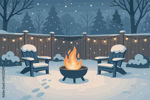 Cozy winter backyard with a fire pit surrounded by snow and festive lights at dusk