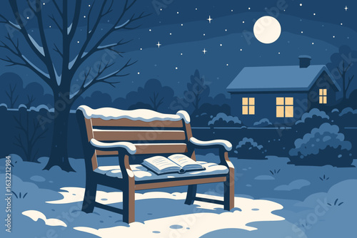 Snowy night scene with a bench and an open book under a moonlit sky