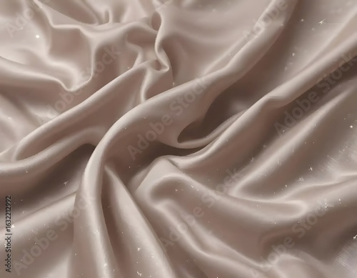 Neutral taupe satin fabric spread perfectly flat, balanced white lighting.