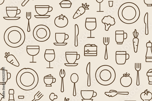 Pattern of kitchenware and food items on a light background showcasing culinary elements